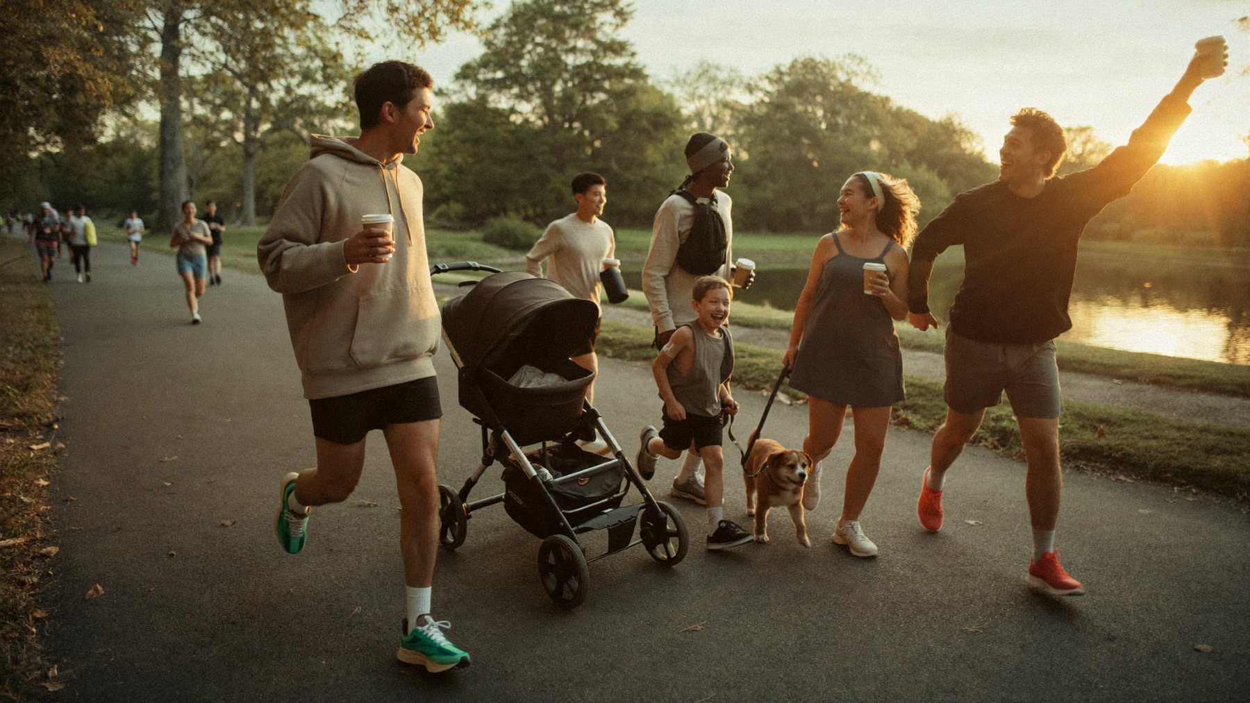 A group with a stroller, a kid and a dog walking a park path at sunrise with coffee