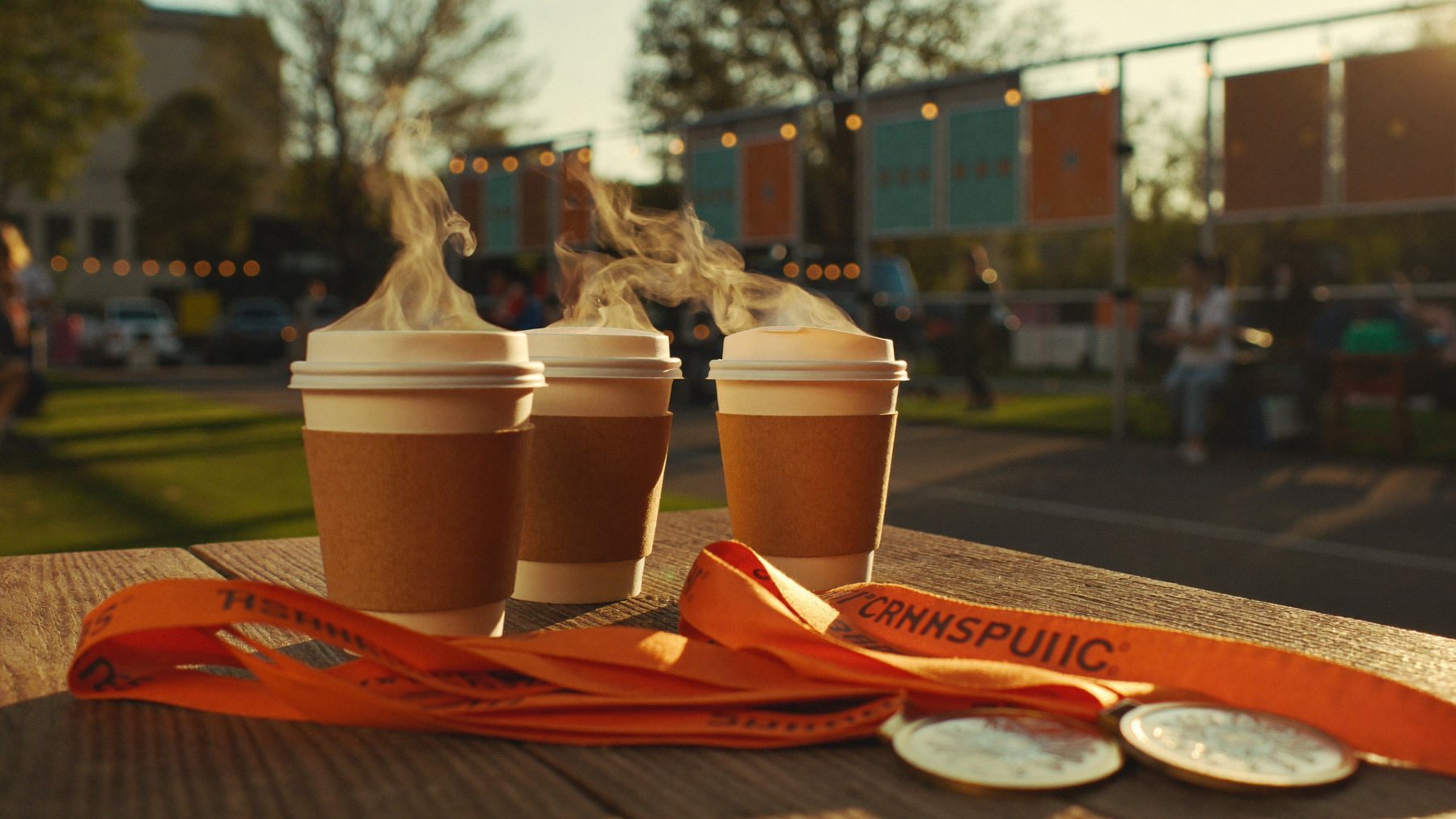 Three steaming coffee cups and finisher medals on a wooden table